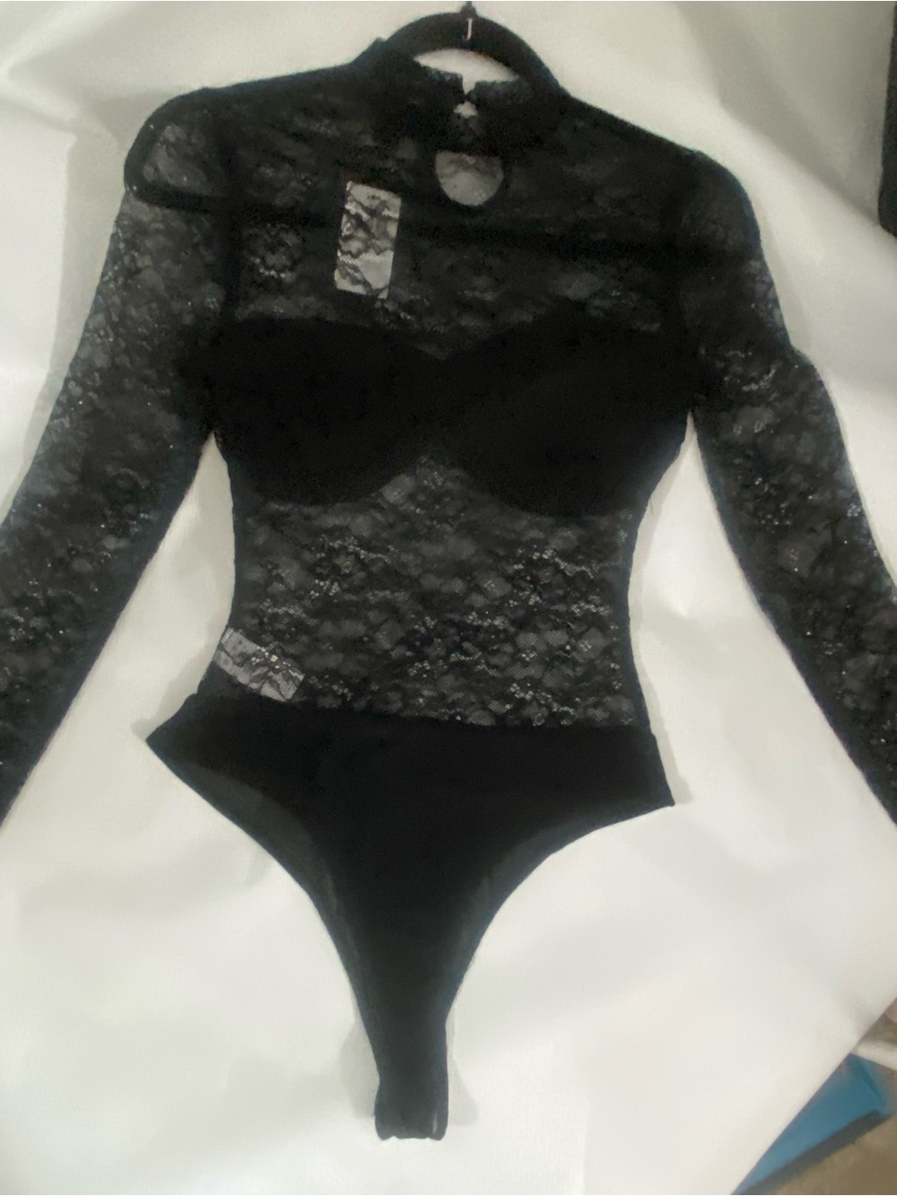 Windsor Black Lace Long Sleeve Bodysuit with Built-In Cups with rhinestones,